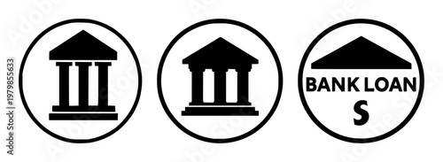 Stamp set with solid black icon on white background featuring bank loan approval, stamp, icon with green tick and checkmark