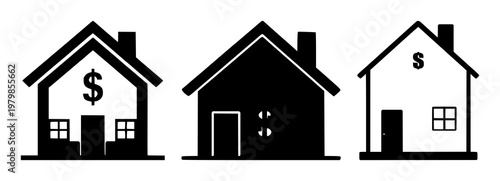 Real estate house icon set with solid black fill and dollar sign featuring home, property, investment with finance and mortgage
