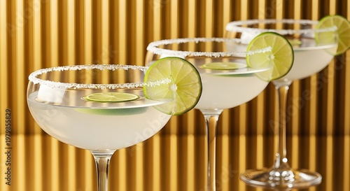 Three Elegant Margarita Cocktails with Lime Garnish and Salted Rims Presented in Coupe Glasses Against a Textured Golden Background