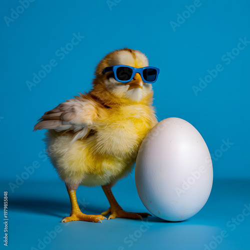 Cute yellow chick wearing blue sunglasses next to a white egg
