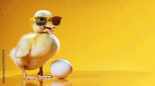 Cute yellow duckling wearing sunglasses with an egg