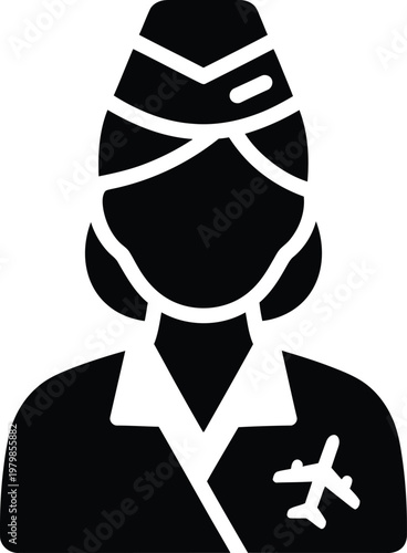 Flight attendant black icon isolated on white background with airplane badge.