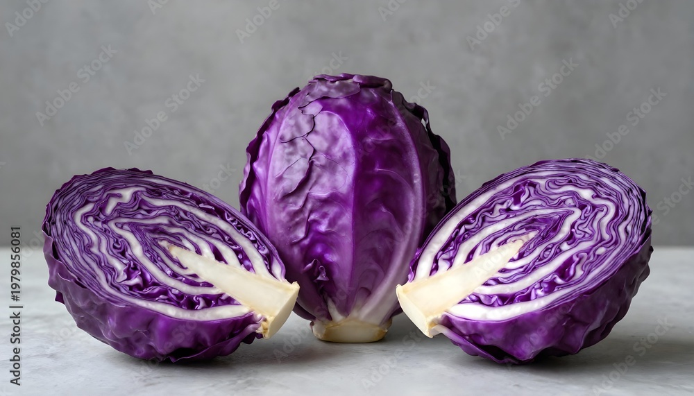 Obraz premium Whole and halved red cabbage heads arranged on a textured gray surface