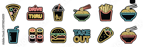 neon fast food and takeout icon set vibrant line art vector featuring pizza burger sushi ramen fries bowls drinks and takeout signs