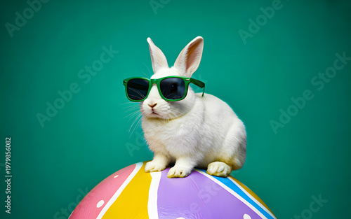 White rabbit wearing sunglasses sits on a colorful easter egg