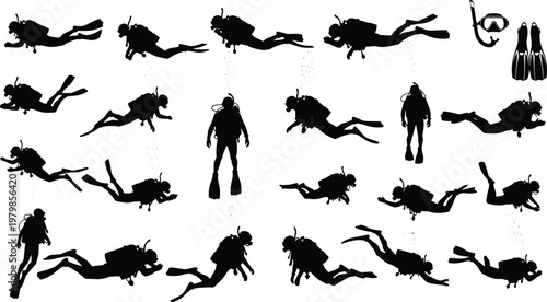 Large collection of black vector scuba diver silhouettes in various underwater poses, including diving equipment, representing extreme sport, marine 