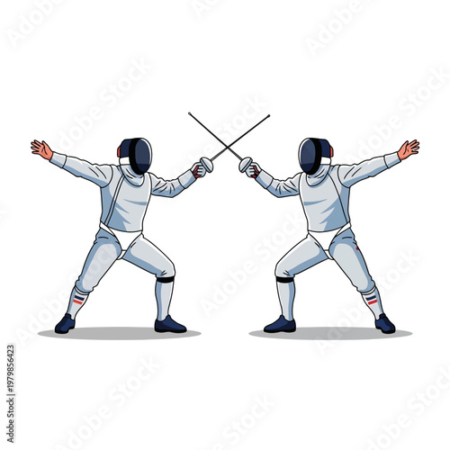 Two Fencers in Protective Gear with Swords Crossed in Combat Stance