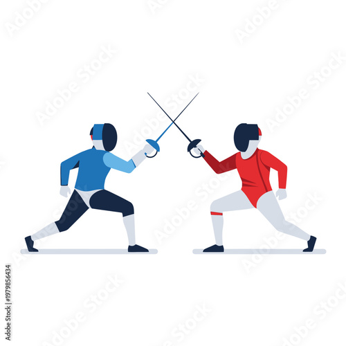 Two Fencers in Red and Blue Uniforms Sparring with Swords on White Background