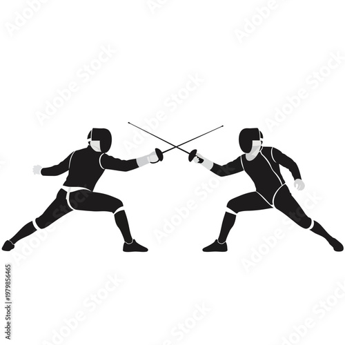 Two Fencers in Silhouette Combatting with Swords