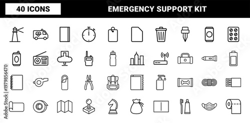 Emergency preparedness and survival kit outline icon set