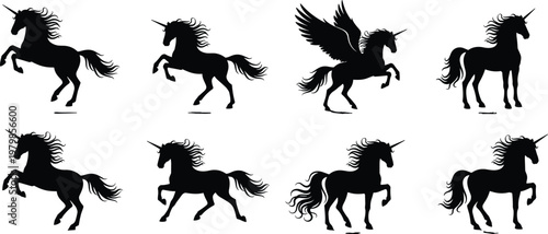 Black unicorn silhouette set with pegasus and horned horse figures, magical mythical creatures standing and rearing for fantasy graphic design and creative vector projects.