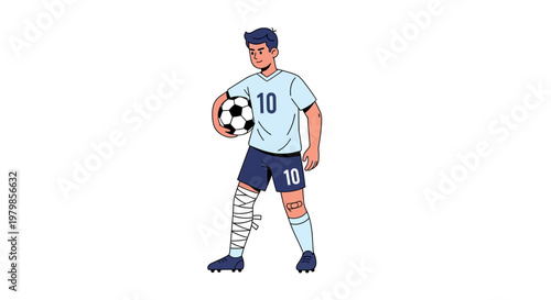 Cartoon soccer player with ball and bandaged leg in uniform