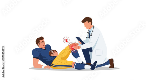 Doctor examining injured football player on white background