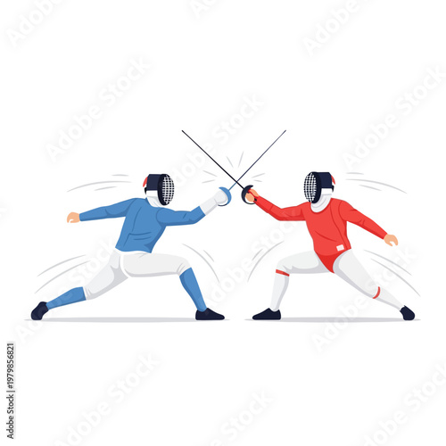Fencers in action, fencing duel, sport competition, athletes, illustration