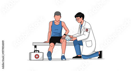 Doctor bandaging athlete's knee in medical illustration