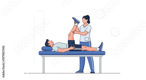 Physiotherapist assisting patient with leg exercise on therapy table