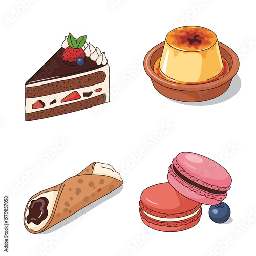 A collection of various delicious desserts including chocolate cake, creme brulee, cannoli, and macarons.
