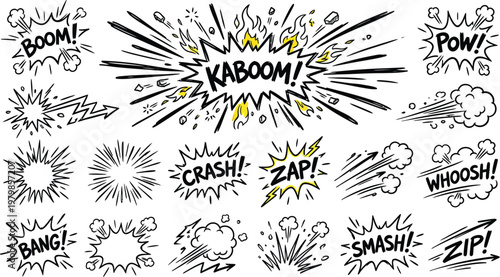 A collection of comic book style sound effects and explosion graphics    Ai, eps, jpg, transparent background, png