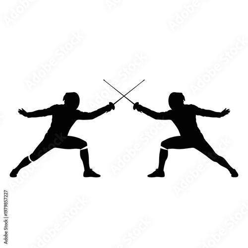 Fencing duel silhouette: two athletes in protective gear with swords crossed, isolated on white