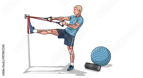 Man Exercising with Resistance Bands and Fitness Equipment