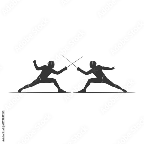 Fencing duel silhouette, two athletes in combat pose, swords crossed in action