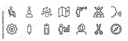 Minimalist public speaking and audience engagement outline icons