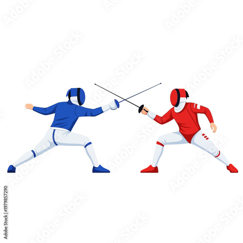 Fencing duel, two athletes in action, red vs blue, competitive sport illustration