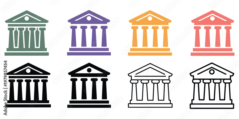 Fototapeta premium Classical, bank and government building icon collection, finance and legal interface vector illustration, courthouse symbols, authority, law, public institutions, flat vector graphics for web, apps, 