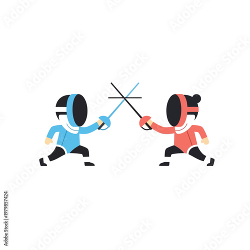 Two cartoon fencers in blue and red outfits clashing swords on a white background, illustration