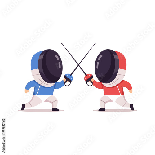 Two cartoon fencers in protective gear dueling with swords on white background
