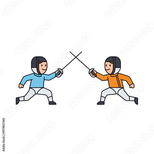 Two cartoon fencers in protective gear dueling with swords on white background