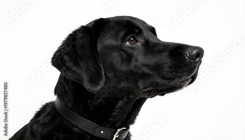 Close-up profile of a black Labrador Retriever dog with a black collar against a white background