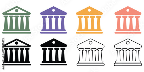 Classical, bank or government building icon set for finance and legal interface, vector illustration, courthouse, institution symbols, authority, law, banking, public service, flat vector graphics for