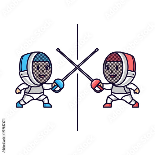 Two cartoon fencers in protective gear with swords crossed, facing each other on white background.