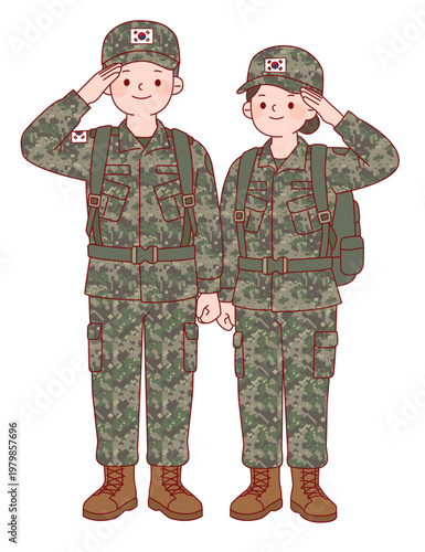 대한민국 남녀 군인 캐릭터 세트, 국군의 날 호국보훈 교육용 일러스트 (전투복, 경례, 전신) South Korean Military Soldiers Character Set, ROK Army Male and Female in Uniform for Patriotic Events and Educational Use