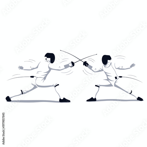 Two fencers engaged in combat, dynamic action shot with sabers clashing