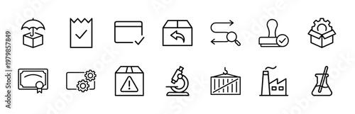 Quality control and manufacturing process line icons set.