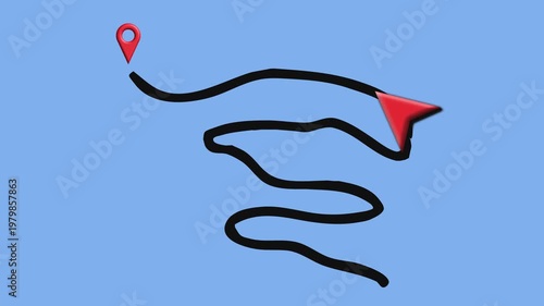 GPS Navigation Path Concept with Map Pin and Moving Arrow