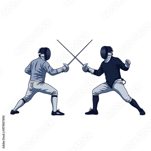 Two Fencers in Action with Crossed Swords, Sport Competition Illustration