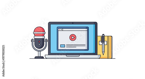 Laptop with microphone and notebook.