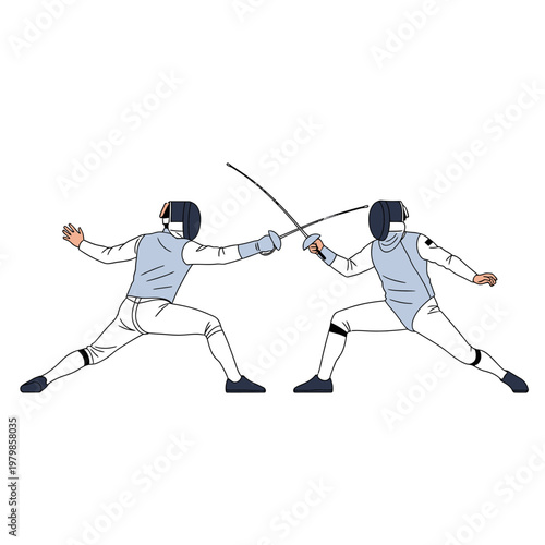 Two Fencers in Action, Sparring with Swords on White Background, Sport Competition