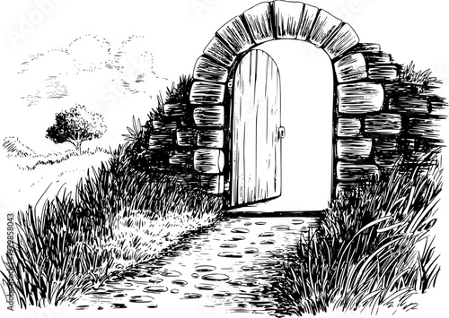 Hand drawn of an old stone archway with an open wooden door and a cobblestone path