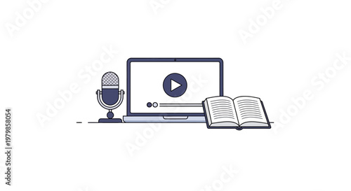 Laptop with microphone and open book.