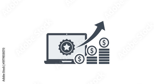 Laptop with money and gear icon.