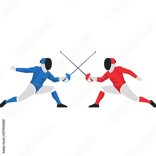 Two Fencers in Blue and Red Battling with Swords on White Background