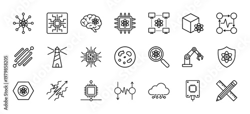 Minimalist quantum computing and physics line icon set