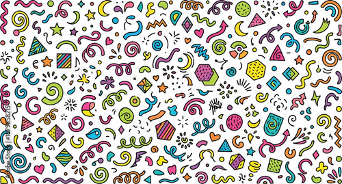 A colorful and vibrant illustration featuring a diverse array of whimsical doodles and playful shapes. Ai, eps, jpg, transparent background, png