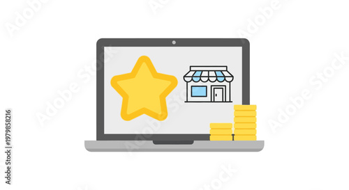 Laptop with star and store icon.