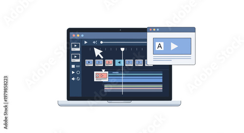 Laptop with video editing software interface.