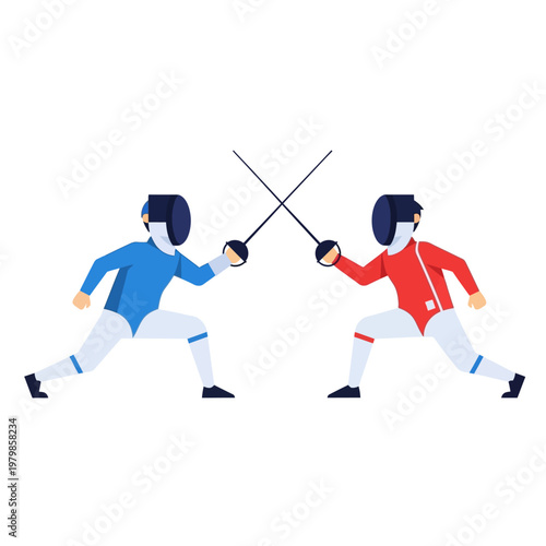 Two Fencers in Blue and Red Competing with Swords, Sport Flat Illustration